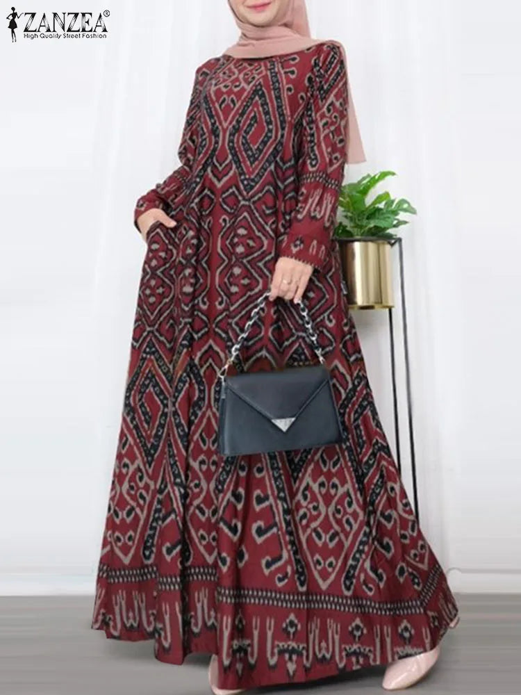 ZANZEA Elegant Maxi Dress Fashion Turkey Muslim Abaya Robe Femme Vintage Long Sleeve Kaftan Printed Vestidos IsIamic Clothing