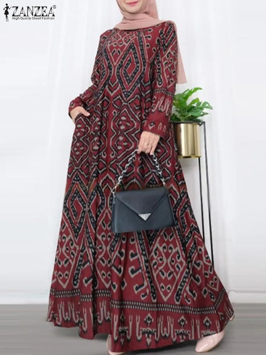 ZANZEA Elegant Maxi Dress Fashion Turkey Muslim Abaya Robe Femme Vintage Long Sleeve Kaftan Printed Vestidos IsIamic Clothing