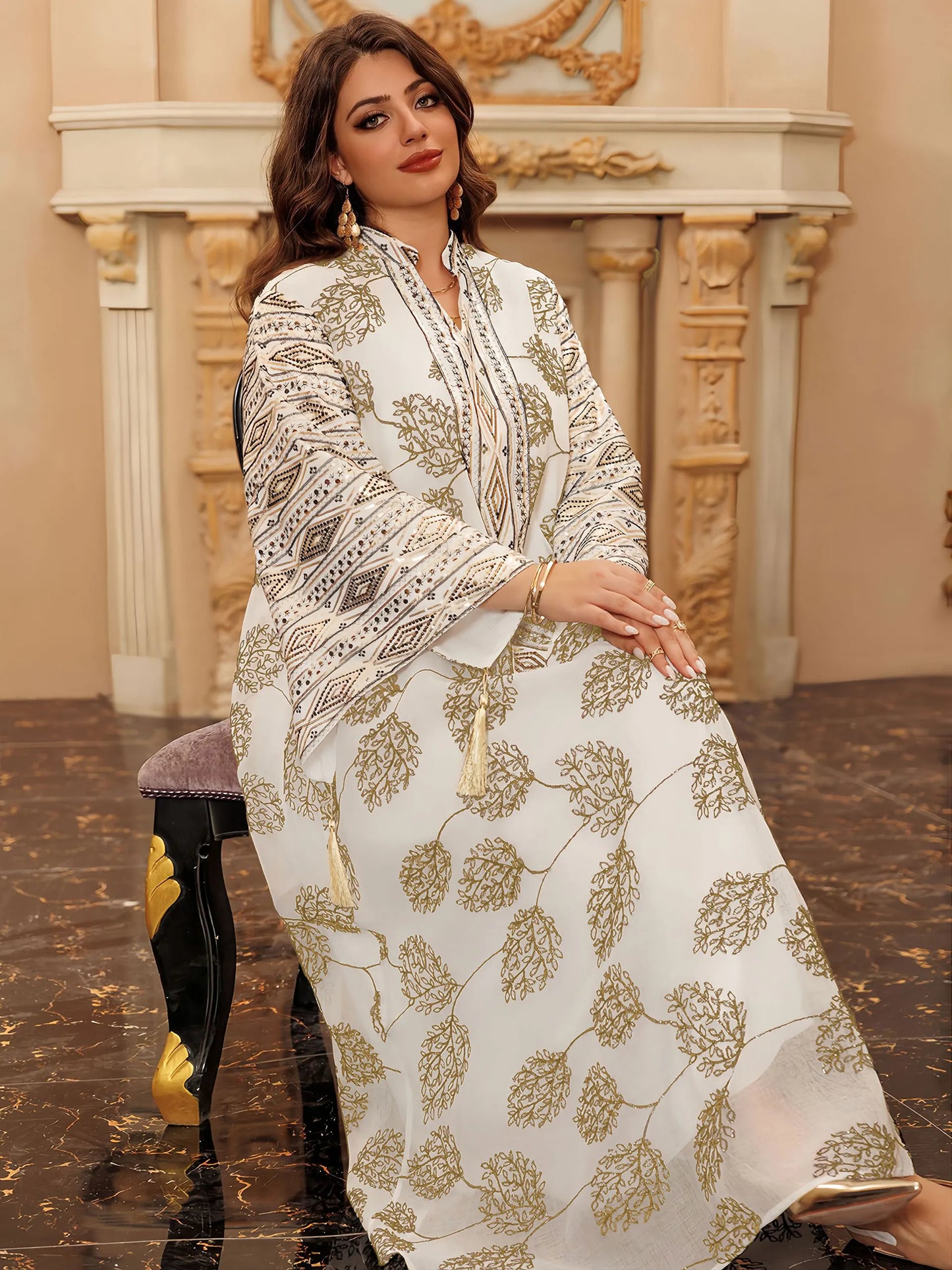 Elegant Light Green Abaya for Islamic Ladies Intricate Gold Embroidery and Tassel Accents Perfect for Festivities in Middle East