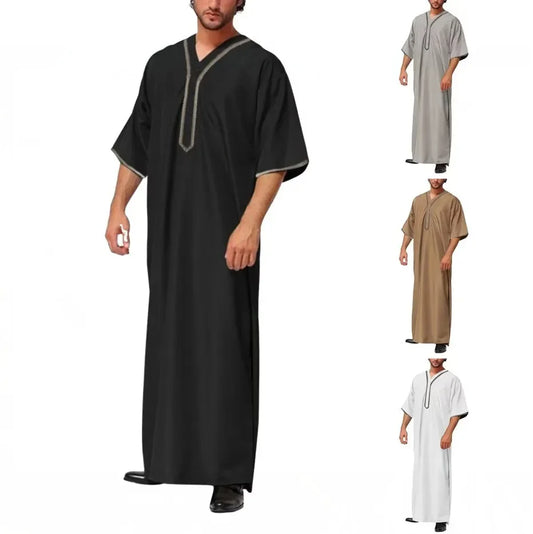 New Islamic Muslim Men's Solid Color Short Sleeve Classic Embroidery Robe Dubai Arabic Ethnic Style Men's Casual Formal Robe