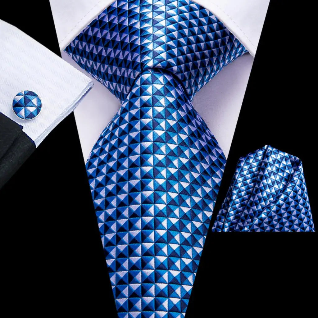 Hi-Tie Plaid Silk Tie For Men Elegant Mens Blue Grey Necktie Pocket Square Cufflink Groom Wedding Accessory Wholesale Designer