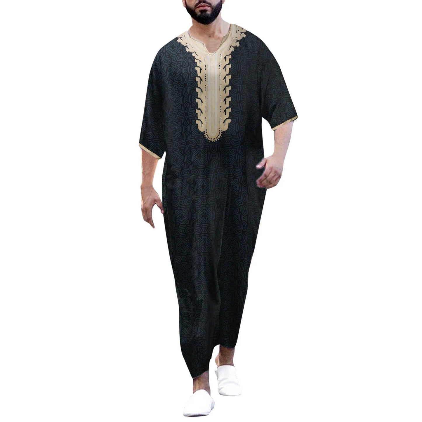 Moroccan Embroidered Islam Kaftan Muslim Clothing Men's Robe Half Sleeve V-Neck Loose Breathable Djellaba Abaya Thobe Caftan