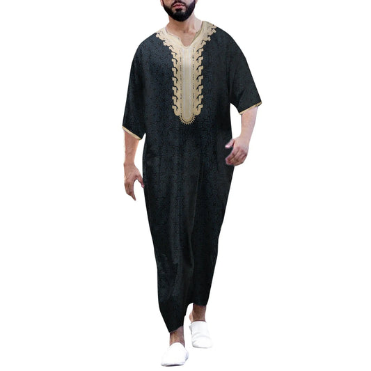 Moroccan Embroidered Islam Kaftan Muslim Clothing Men's Robe Half Sleeve V-Neck Loose Breathable Djellaba Abaya Thobe Caftan