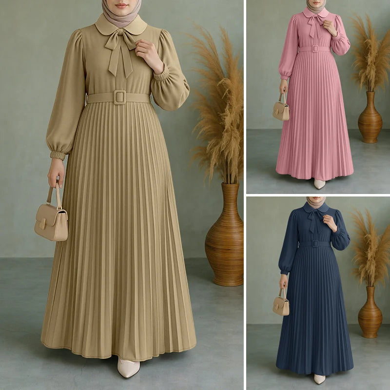 Elegant Muslim Dress Abaya ZANZEA Women 2025 Autumn Dresses Long Lantern Sleeve Pleated Sundress Belted Robe Femme Party Vestido