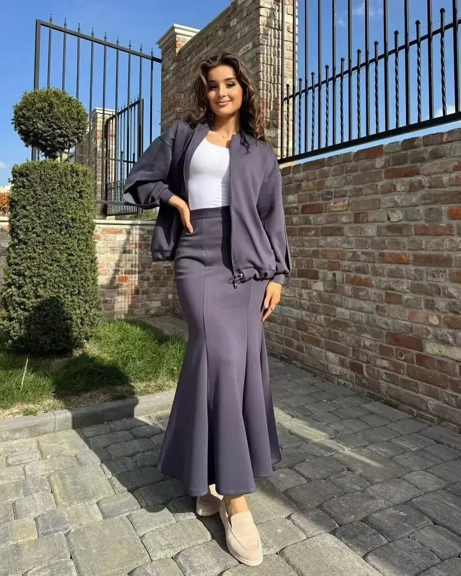 Women 2 Piece Set Coat Long Skirt Suit Zipper Jacket Morocco Dubai Islam Casual Ensemble Muslim Femme 2025 Skirts Outfits