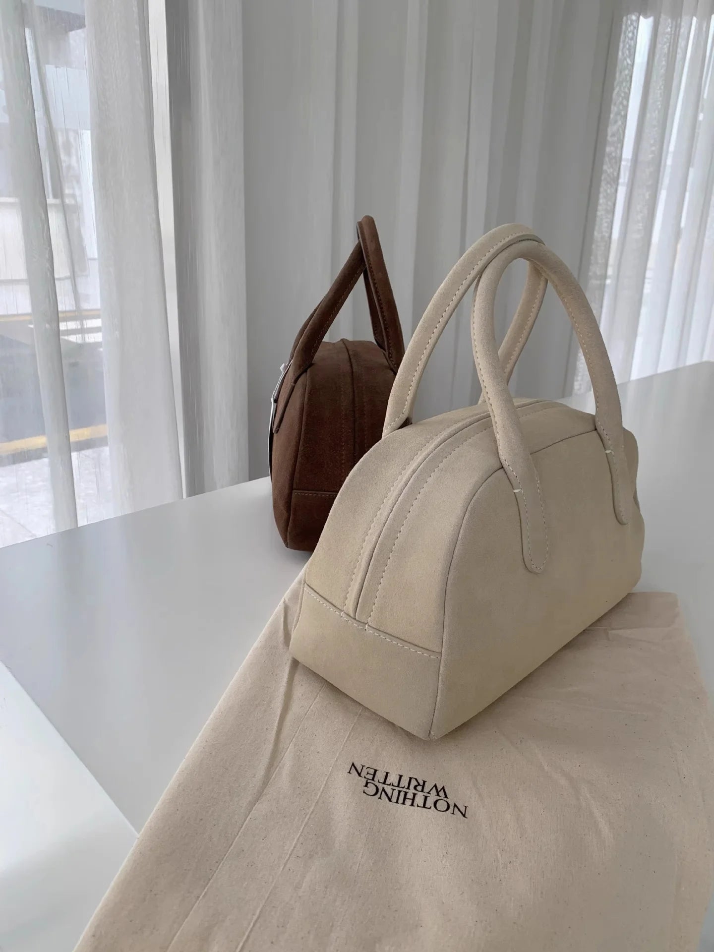 Nothingwritten Suede Leather Bowling Bag Handheld Boston Bag Women's Handbag Korean Sle Hard Handle Canvas  Zipper Cl...