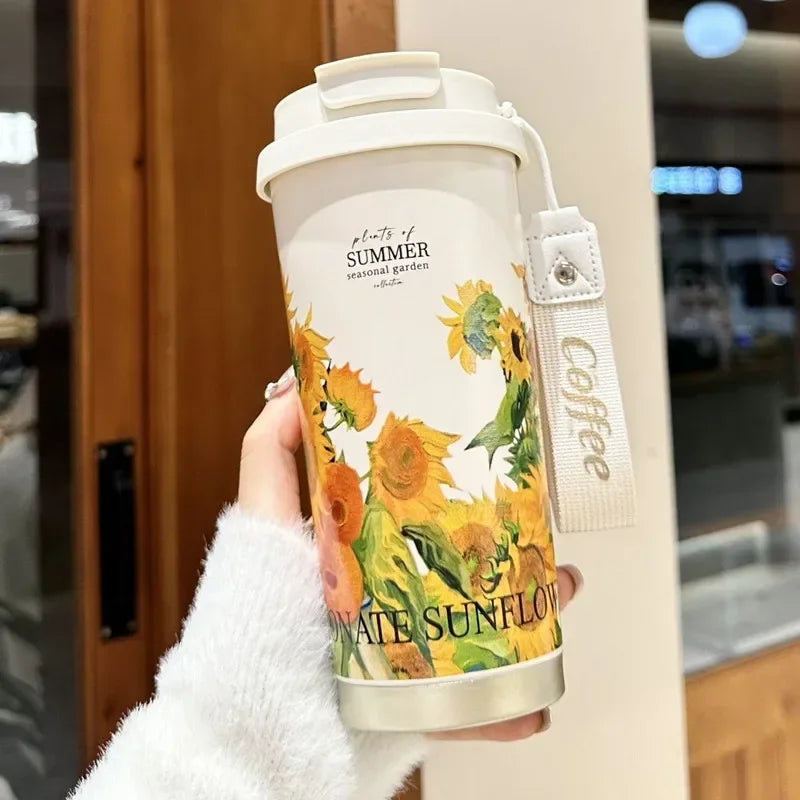 Coffee Mug Woman 500ml ，Stainless Steel Vacuum Flask with Straw and Thermal Cup for Drinking Directly