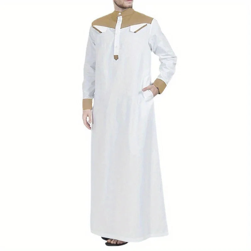 Southeast Asian Muslim Men's Thobe - Color Block Long Sleeve Robe with Mandarin Collar, Traditional Islamic Prayer Dress