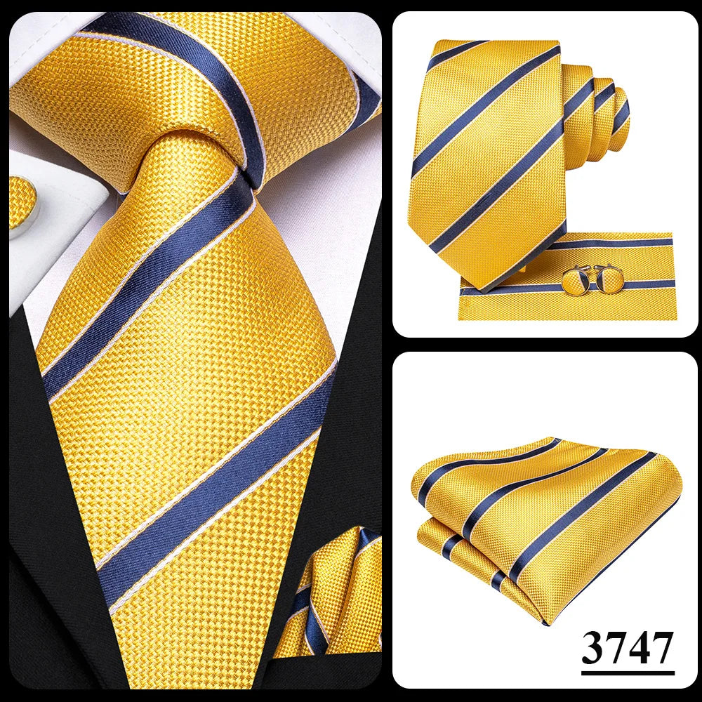 Hi-Tie Men Fashion Striped Navy Blue Necktie Handkerchief Cufflinks for Tuxedo Accessory Classic Silk Luxury Tie for Man Gift