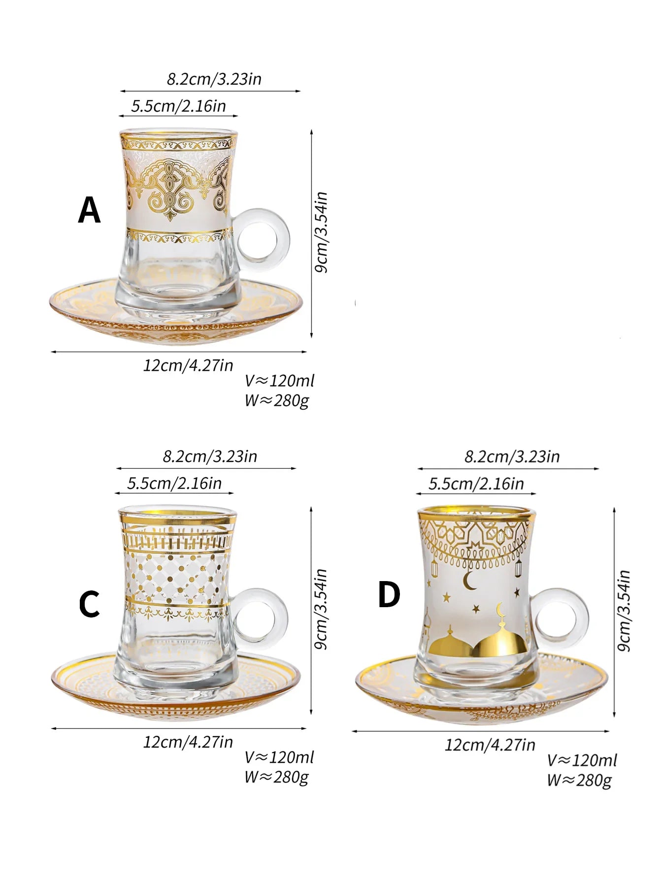6 Pack Creative Transparent Glass Mug Hot Gold Embossed Flower Glass Coffee Latte Mug