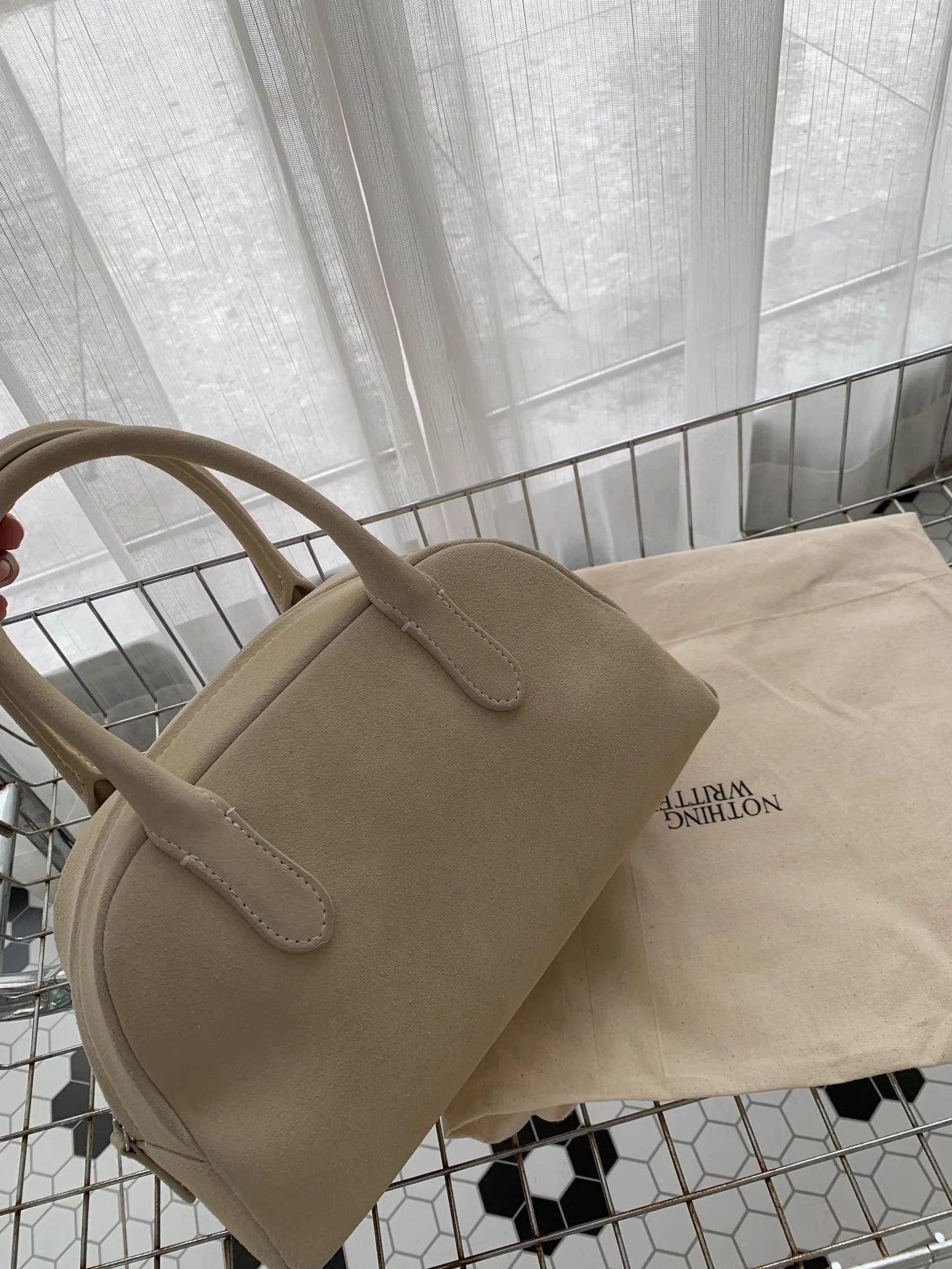 Nothingwritten Suede Leather Bowling Bag Handheld Boston Bag Women's Handbag Korean Sle Hard Handle Canvas  Zipper Cl...