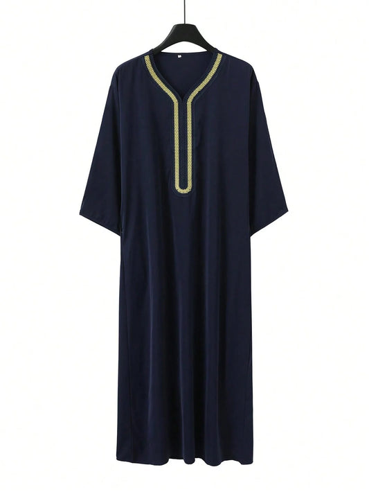 Men's Short Sleeve Kandoura Gandoura with Side Pocket 2025 Embroidered Muslim Casual Robe Classical Jubba Kaftan Dress
