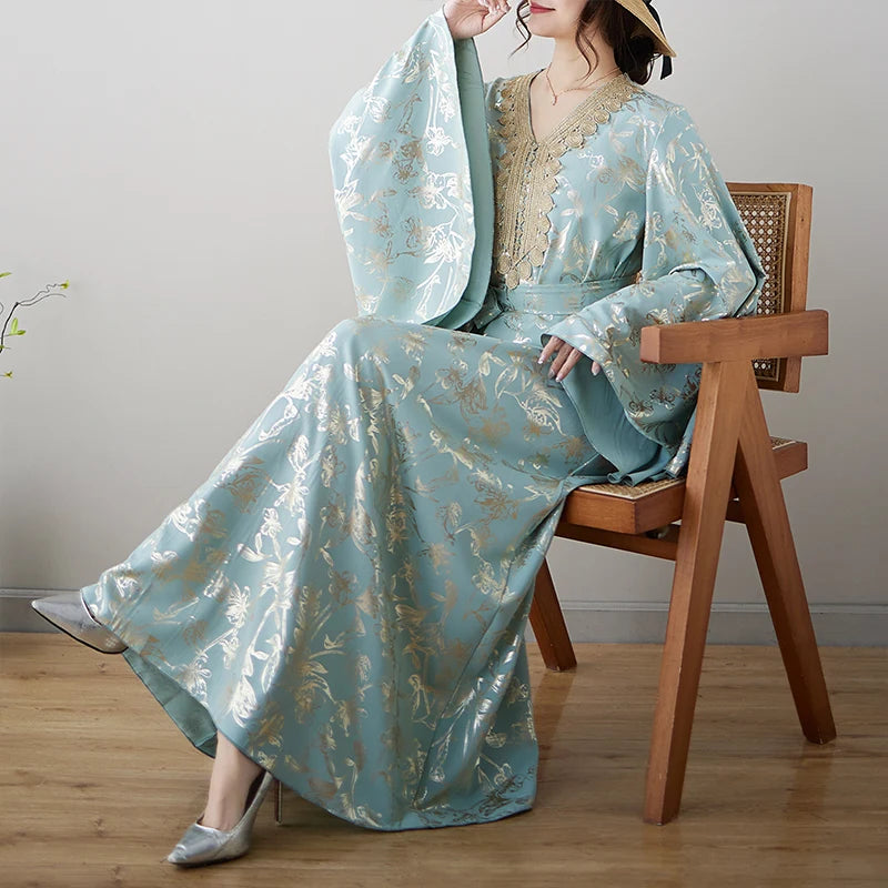 Middle East Ethnic Long Robe V-Ne Gold Emed New Sle Dr Tang Suit Waist Belt Mid-Length Skirt High Quali Ele ...