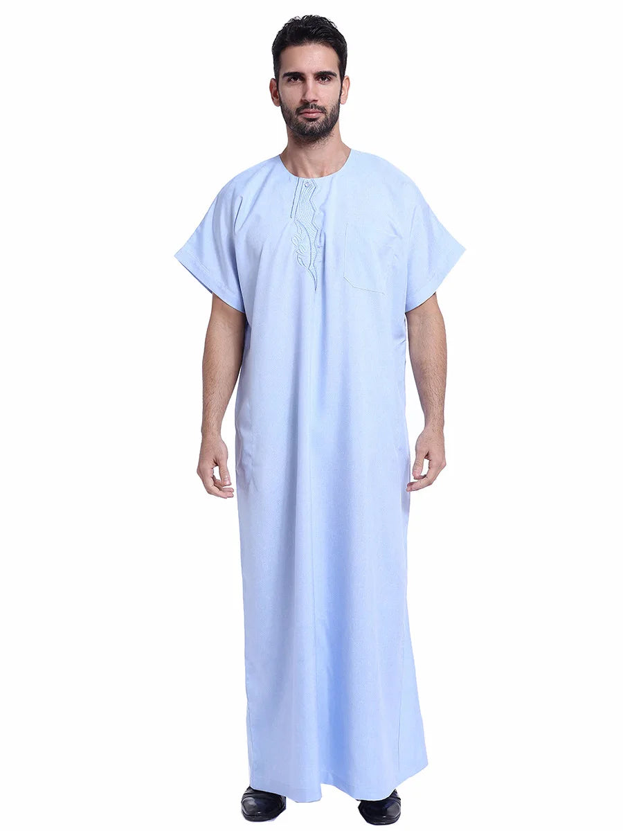 Muslim Kaftan for Men Round Collar Blue White Spring Elegant Robe Arab Vintage Long Sleeves Thobe Robe Turkey Embroidered