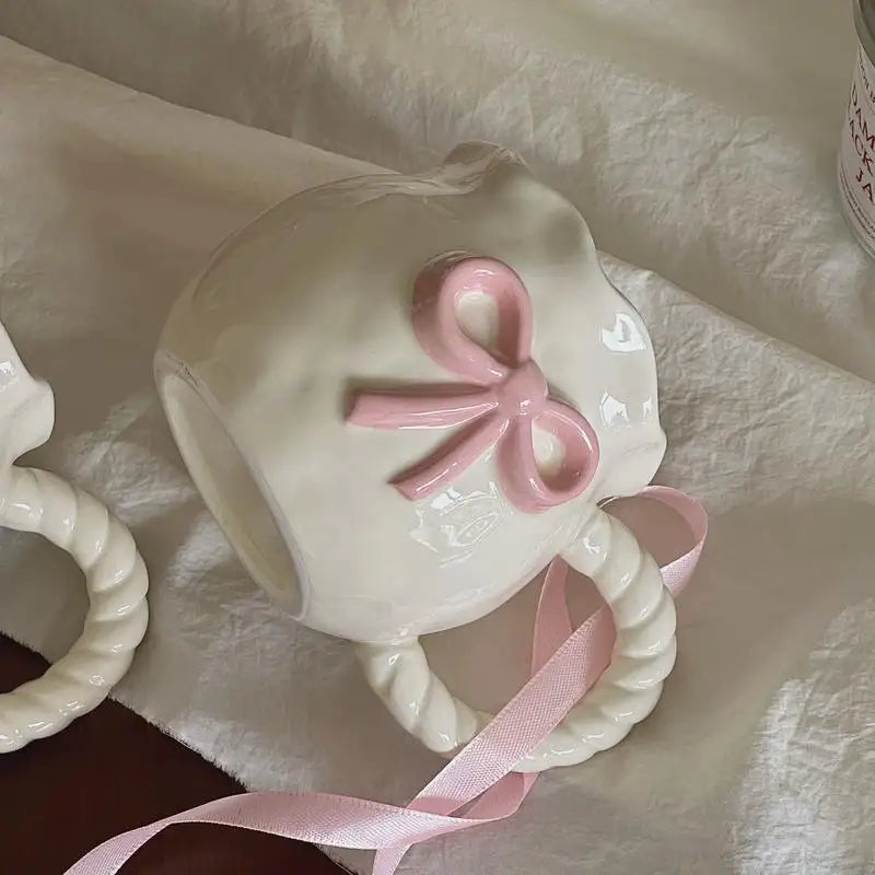 Cute Bow Thickened Ceramic Cup Hand Bow Irregular Mug Cups Coffee Milk Drinks Cup