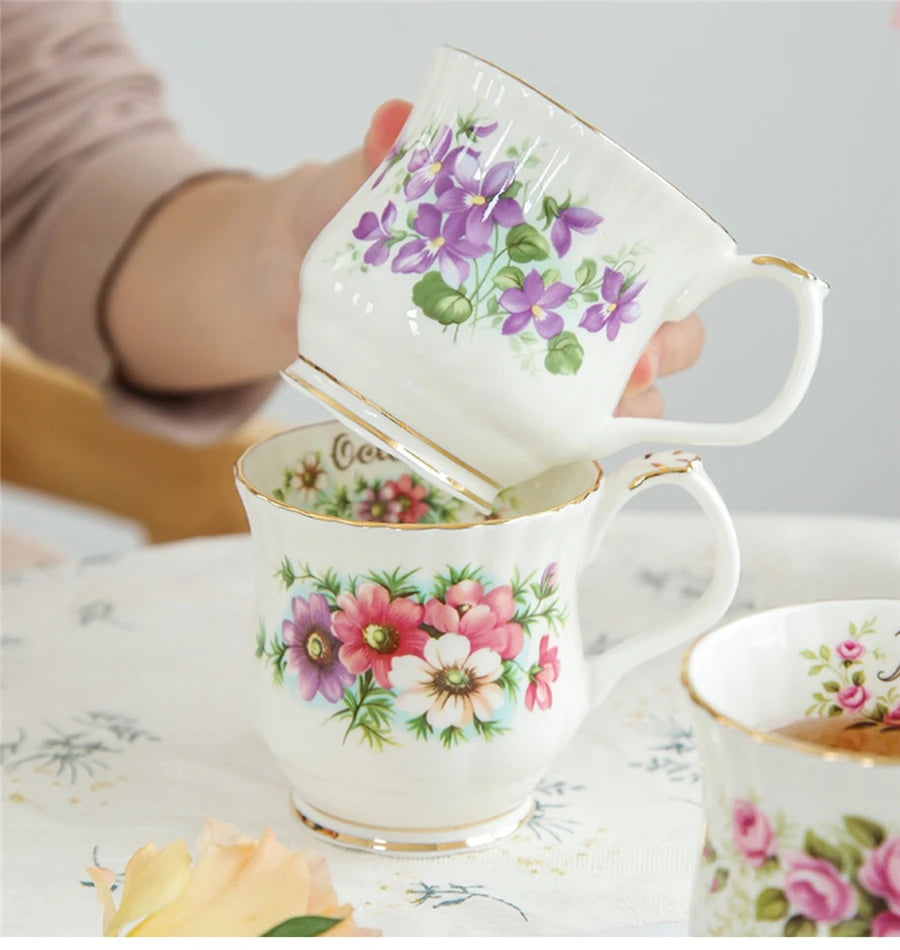 Retro Coffee Mug Ceramic Exquisite Seasonal Flower Printed Couple Cup Bone China Creative Gift Home Drinkware Breakfast Milk Mug