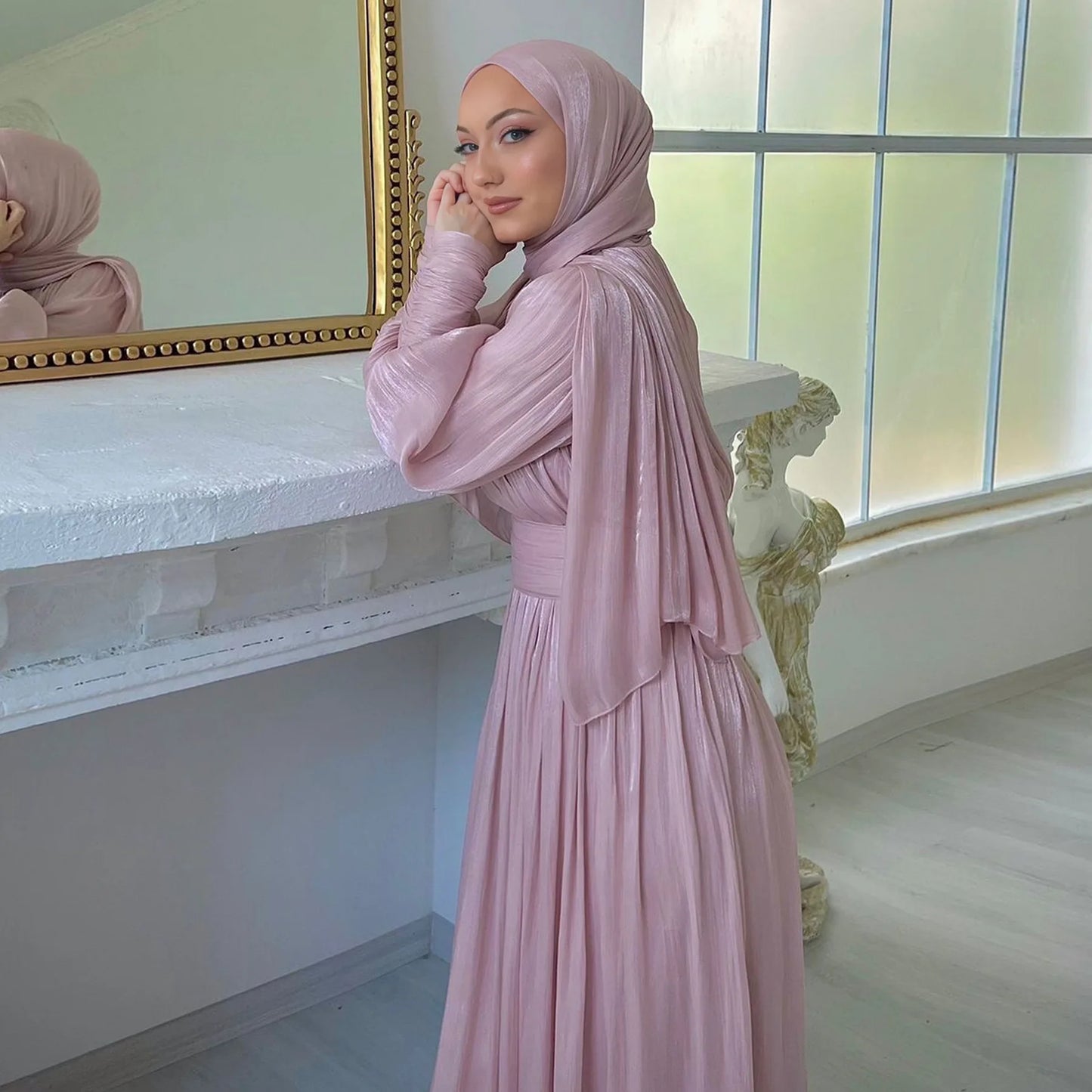 Eid Abaya Modest Muslim Dresses for Women Cuff Sleeves Wrinkle Evening Party Maxi Dress Jalabiya Islamic Clothing Kaftan Robe