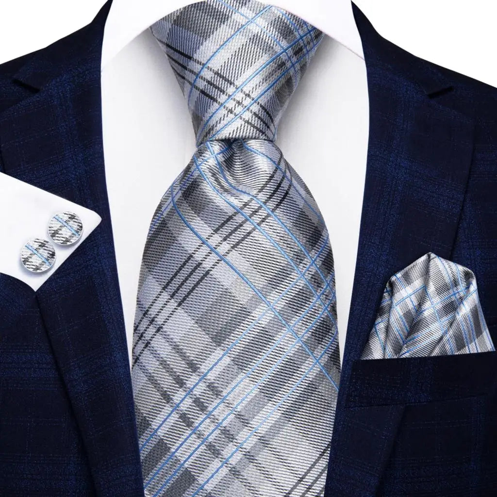 Hi-Tie Plaid Silk Tie For Men Elegant Mens Blue Grey Necktie Pocket Square Cufflink Groom Wedding Accessory Wholesale Designer