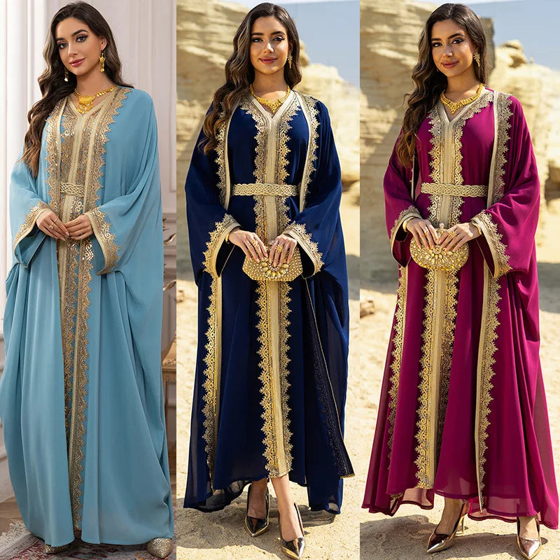 Eid Women Abaya Dress Muslim 2 Piece Set Cardigan with Inner Dress Lace-up Robe Caftan Robe Jalabiya Ramadan Morocco Kaftan 2025