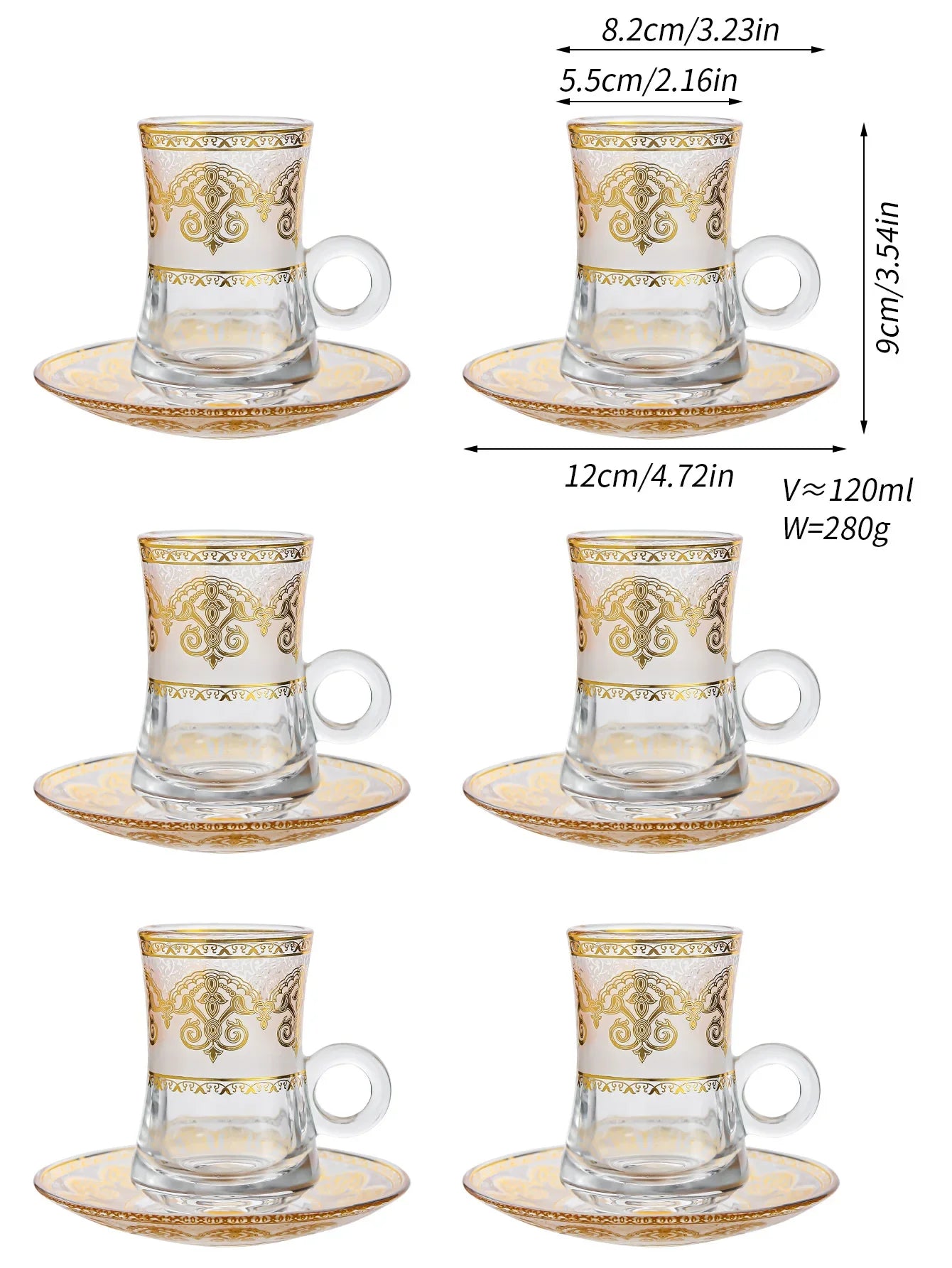 6 Pack Creative Transparent Glass Mug Hot Gold Embossed Flower Glass Coffee Latte Mug