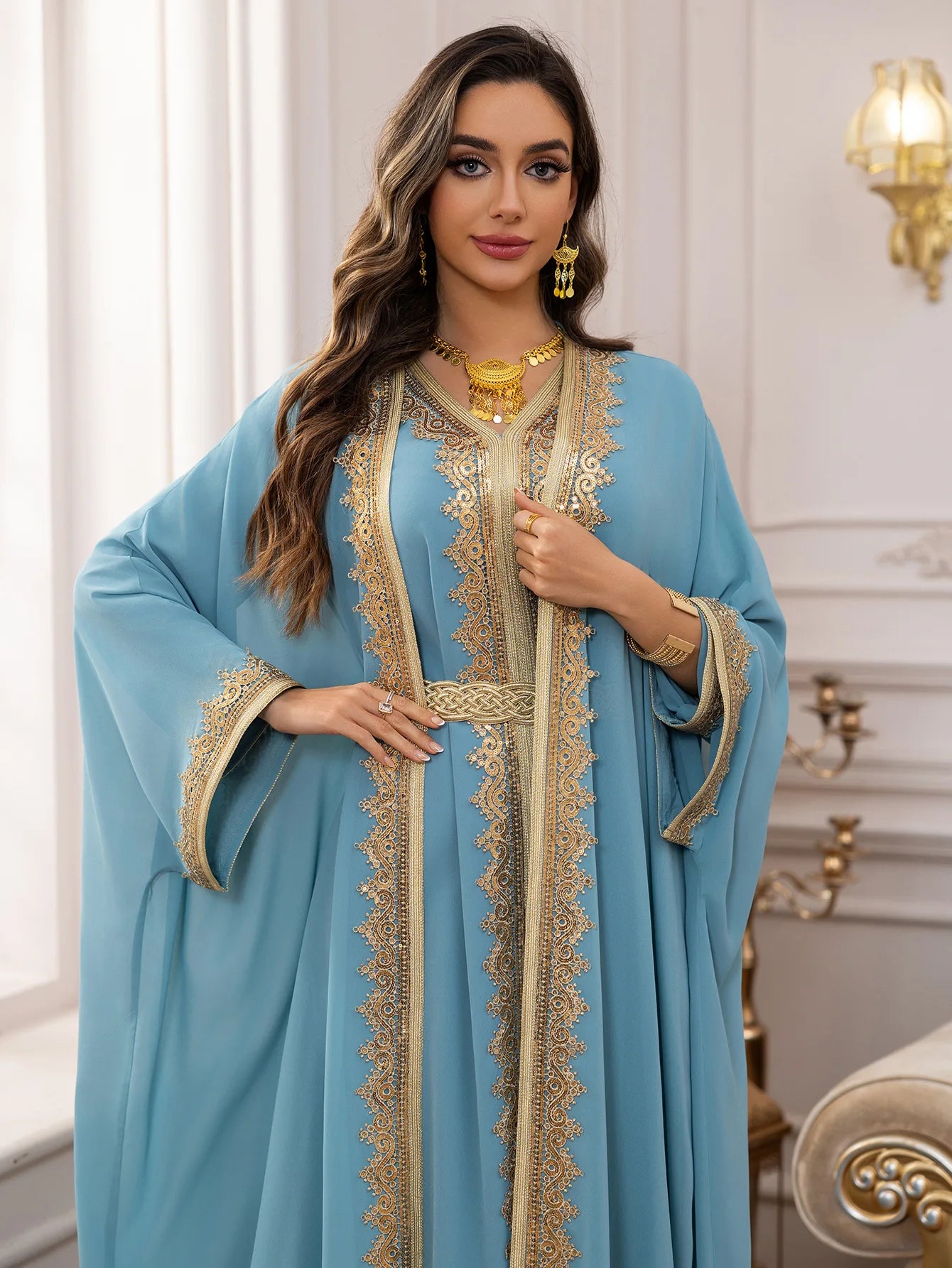 Eid Women Abaya Dress Muslim 2 Piece Set Cardigan with Inner Dress Lace-up Robe Caftan Robe Jalabiya Ramadan Morocco Kaftan 2025