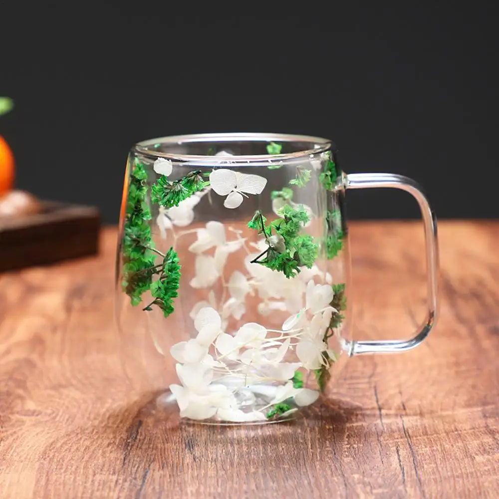 Coffee Mug Double Wall Dried Flower Cup for Coffee Glass Beverage Glasses Tea Mug for Tea Cappuccino Cold Drink flower glass