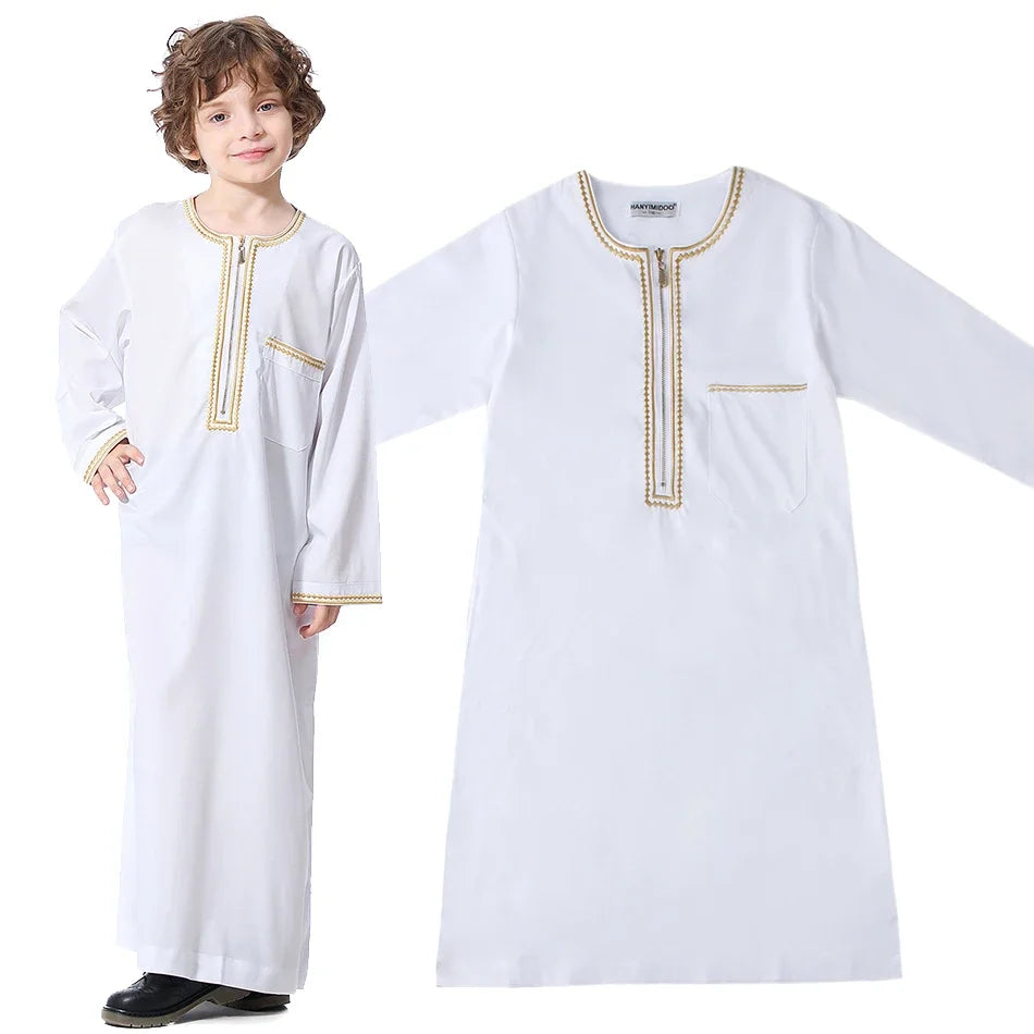 Teenage Boys' Summer Muslim Robe Kids Arab Folk Clothes Boys Solid Color Thobe 5-14 Years National Outfit for Children New