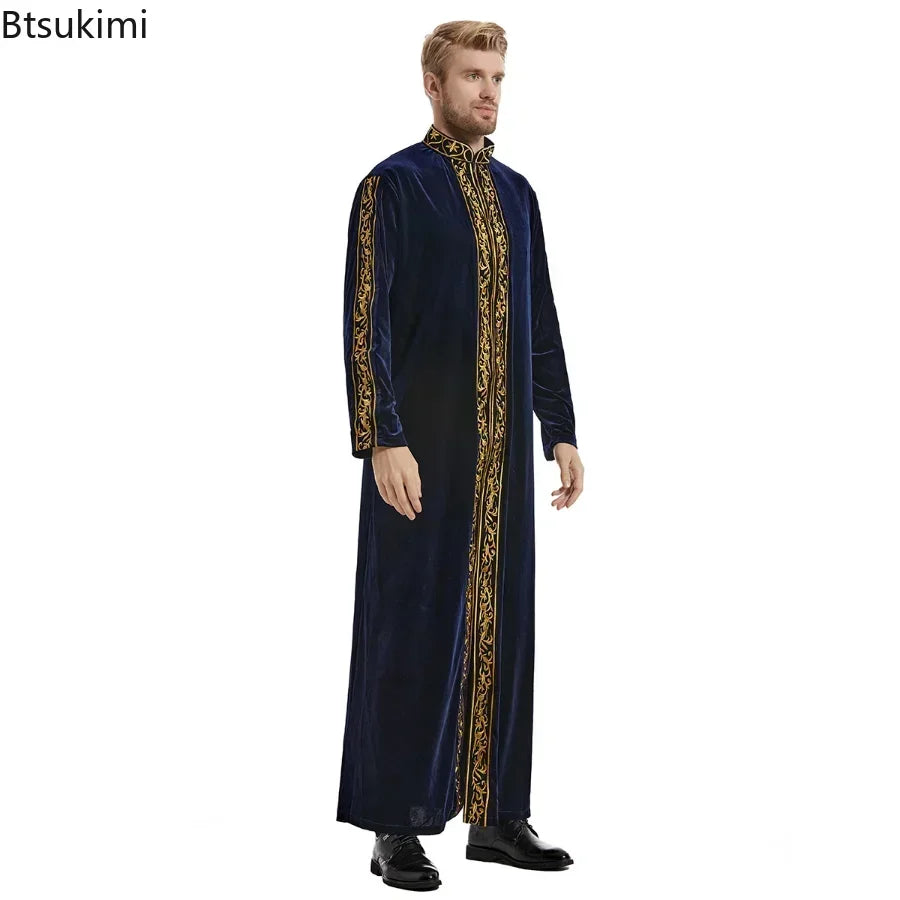 Muslim Men Jubba Thobe Islamic Clothing Velvet Kaftan Thoub Arabic Saudi Robe Dress Jubah Caftan Thawb Ramadan Gown Middle East