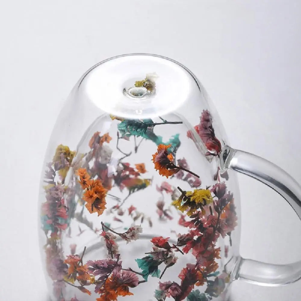 300ML Double-Wall Flower Glass Coffee Mug High Borosilicate Transparent Tea Milk Drinking Cup with Dry Flower Design for Gifts