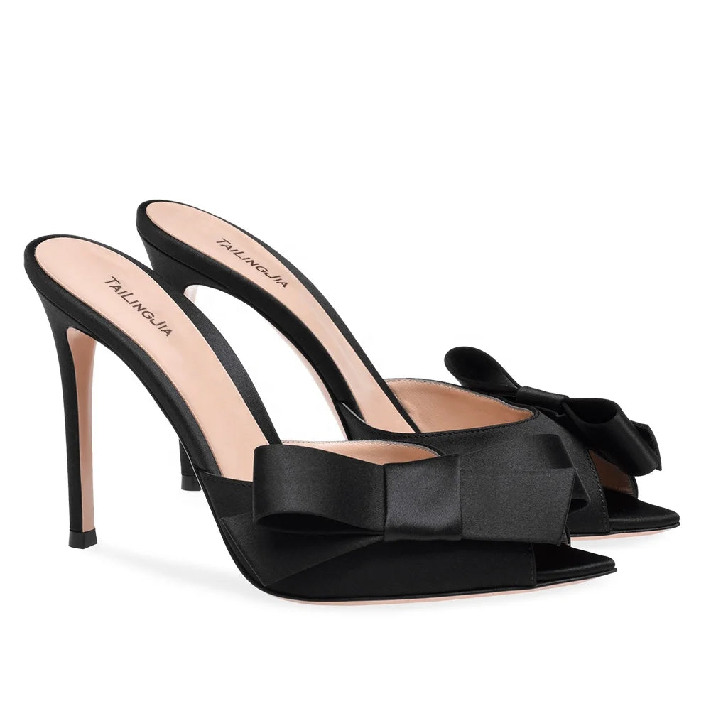 Summer Pointed Toe Satin Mules Shoes Women Heels Large Size High Heel Sandals With Bow