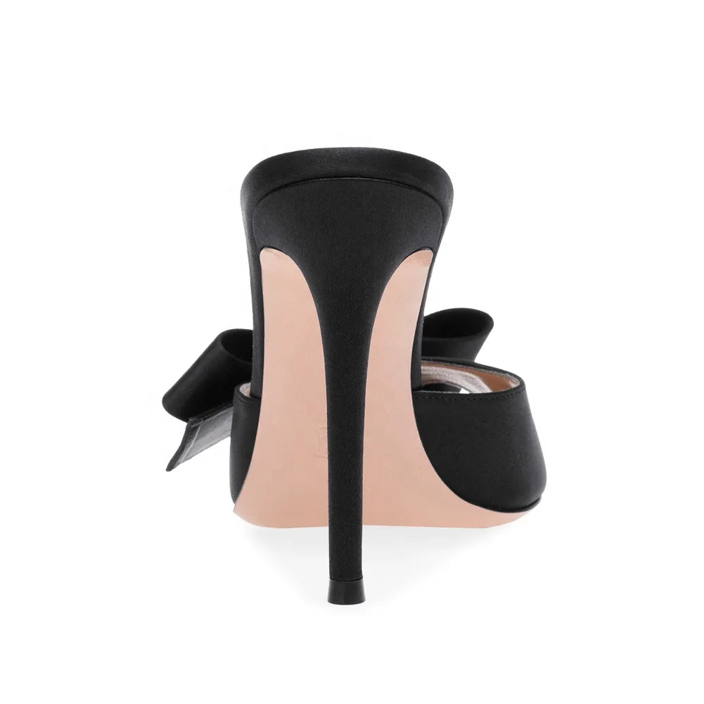 Summer Pointed Toe Satin Mules Shoes Women Heels Large Size High Heel Sandals With Bow