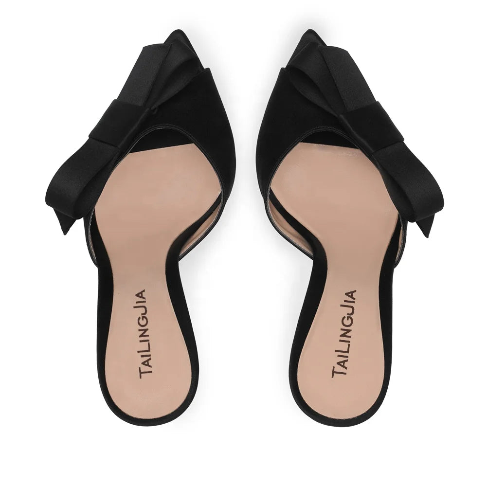 Summer Pointed Toe Satin Mules Shoes Women Heels Large Size High Heel Sandals With Bow