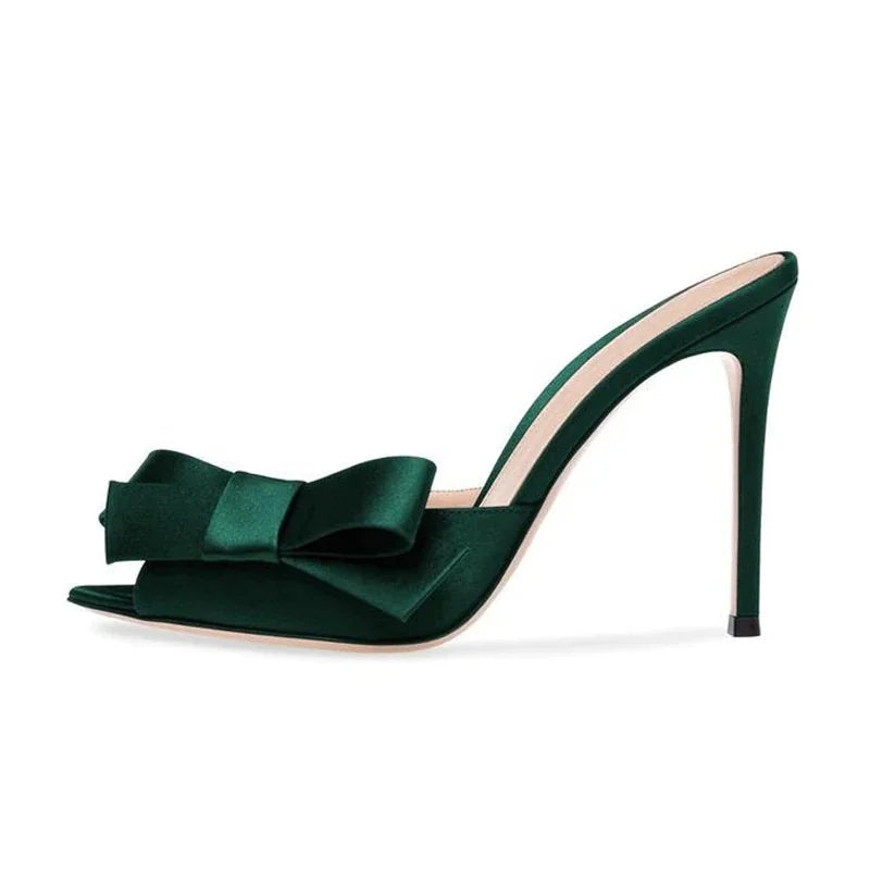 Summer Pointed Toe Satin Mules Shoes Women Heels Large Size High Heel Sandals With Bow