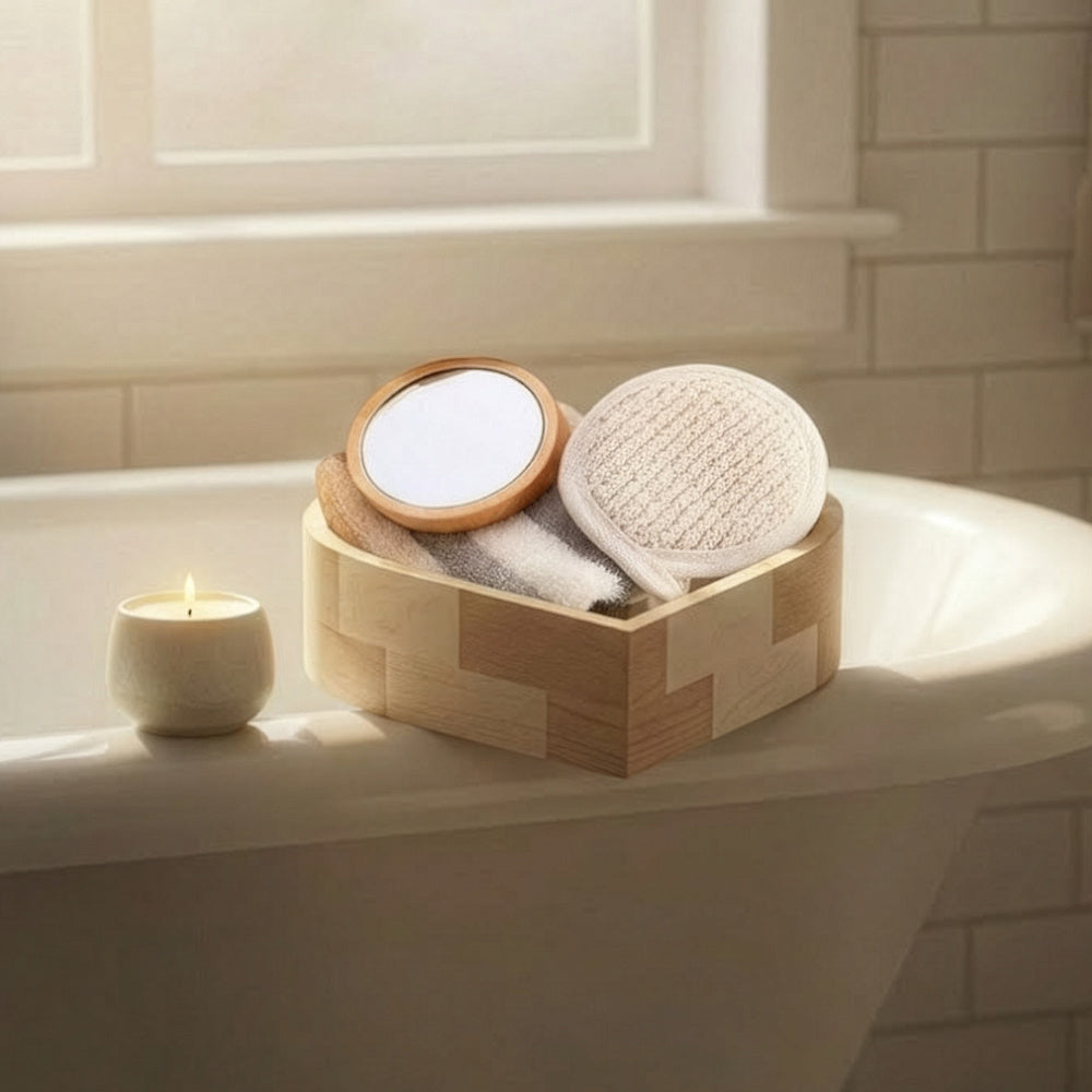 Boxed Heart-Shaped Bath Set - A wooden spa gift kit for bathrooms, featuring a heart-shaped wooden bucket. Includes a loofah, pumice stone, massager, and brush. This natural relaxation and body care kit is ideal for home use
