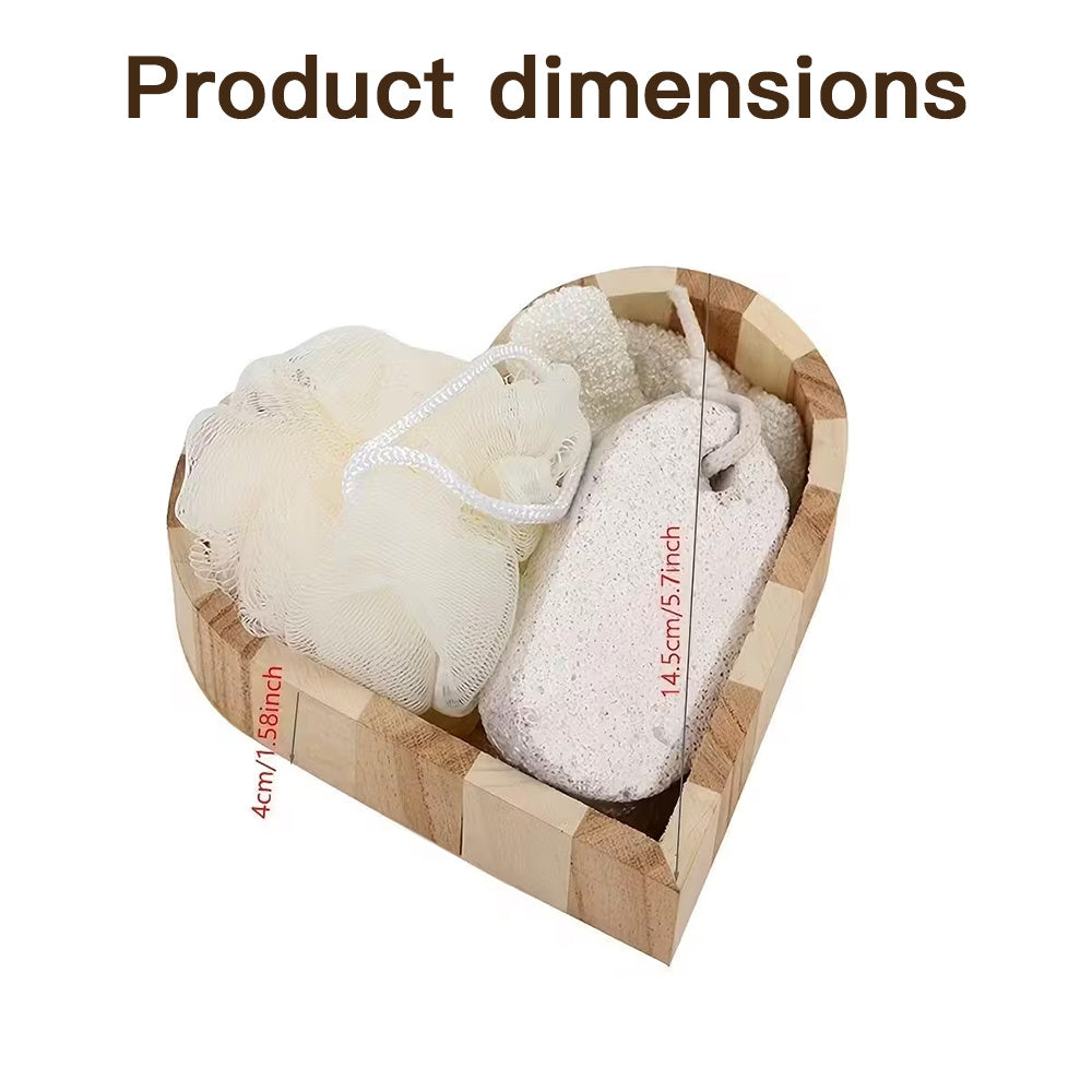 Boxed Heart-Shaped Bath Set - A wooden spa gift kit for bathrooms, featuring a heart-shaped wooden bucket. Includes a loofah, pumice stone, massager, and brush. This natural relaxation and body care kit is ideal for home use