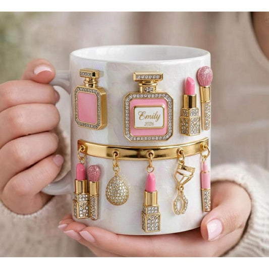 Personalized Makeup Lover Mug, Custom Name Beauty Coffee Cup, Cute Makeup Design Gift For Her, Glam Feminine Mug Gift for Her, Beauty Lover