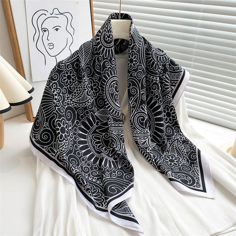 Women's Premium Twill Silk Scarf, Large Printed 90/90cm Striped Square Scarf