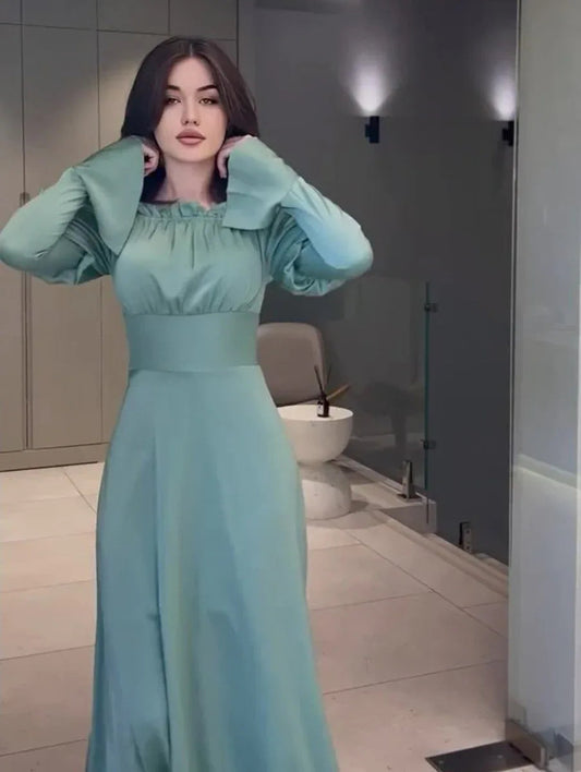 Bubble Collar Wooden Ear Waist Tight Solid Color Long Sleeve Dress