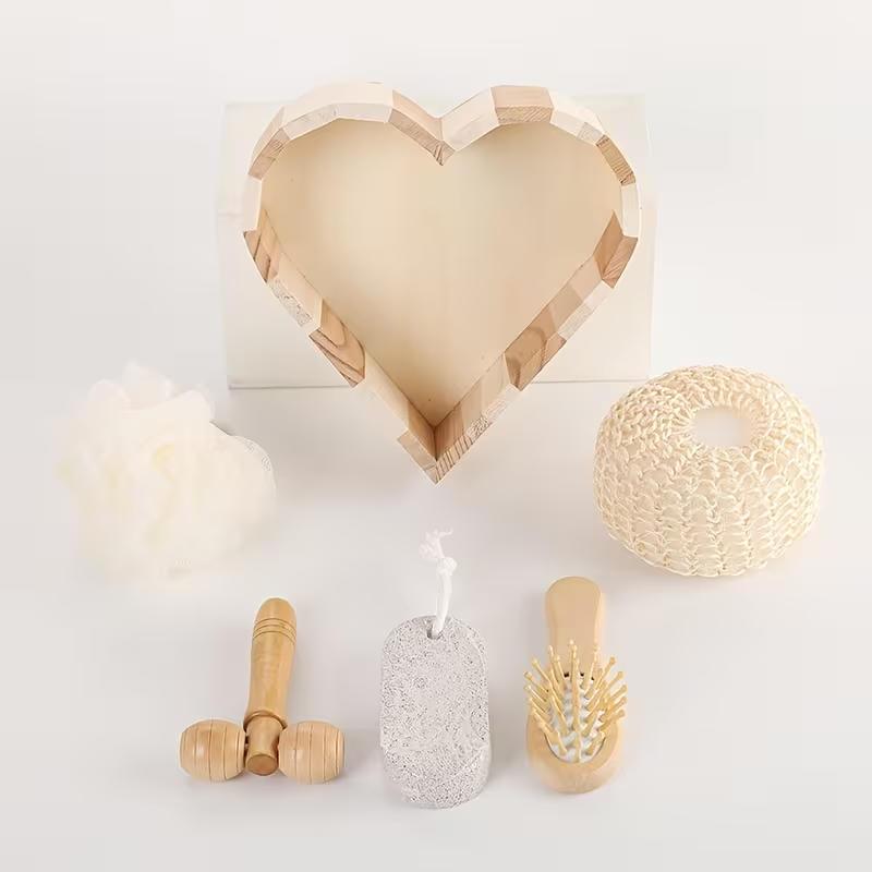Boxed Heart-Shaped Bath Set - A wooden spa gift kit for bathrooms, featuring a heart-shaped wooden bucket. Includes a loofah, pumice stone, massager, and brush. This natural relaxation and body care kit is ideal for home use