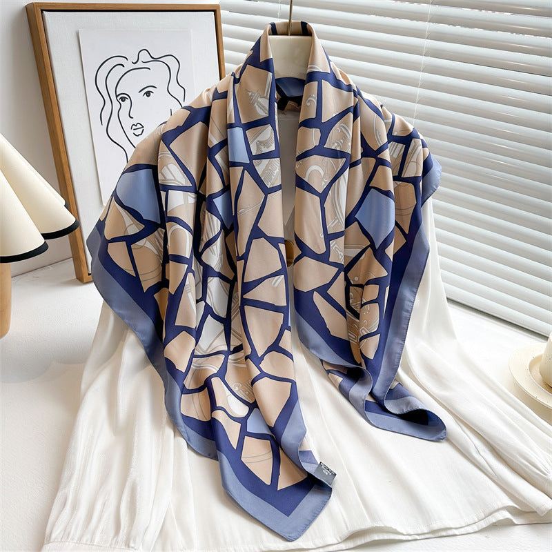 Women's Premium Twill Silk Scarf, Large Printed 90/90cm Striped Square Scarf