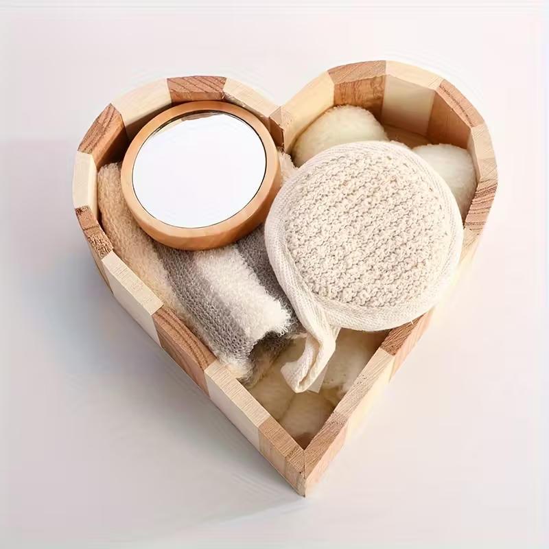 Boxed Heart-Shaped Bath Set - A wooden spa gift kit for bathrooms, featuring a heart-shaped wooden bucket. Includes a loofah, pumice stone, massager, and brush. This natural relaxation and body care kit is ideal for home use
