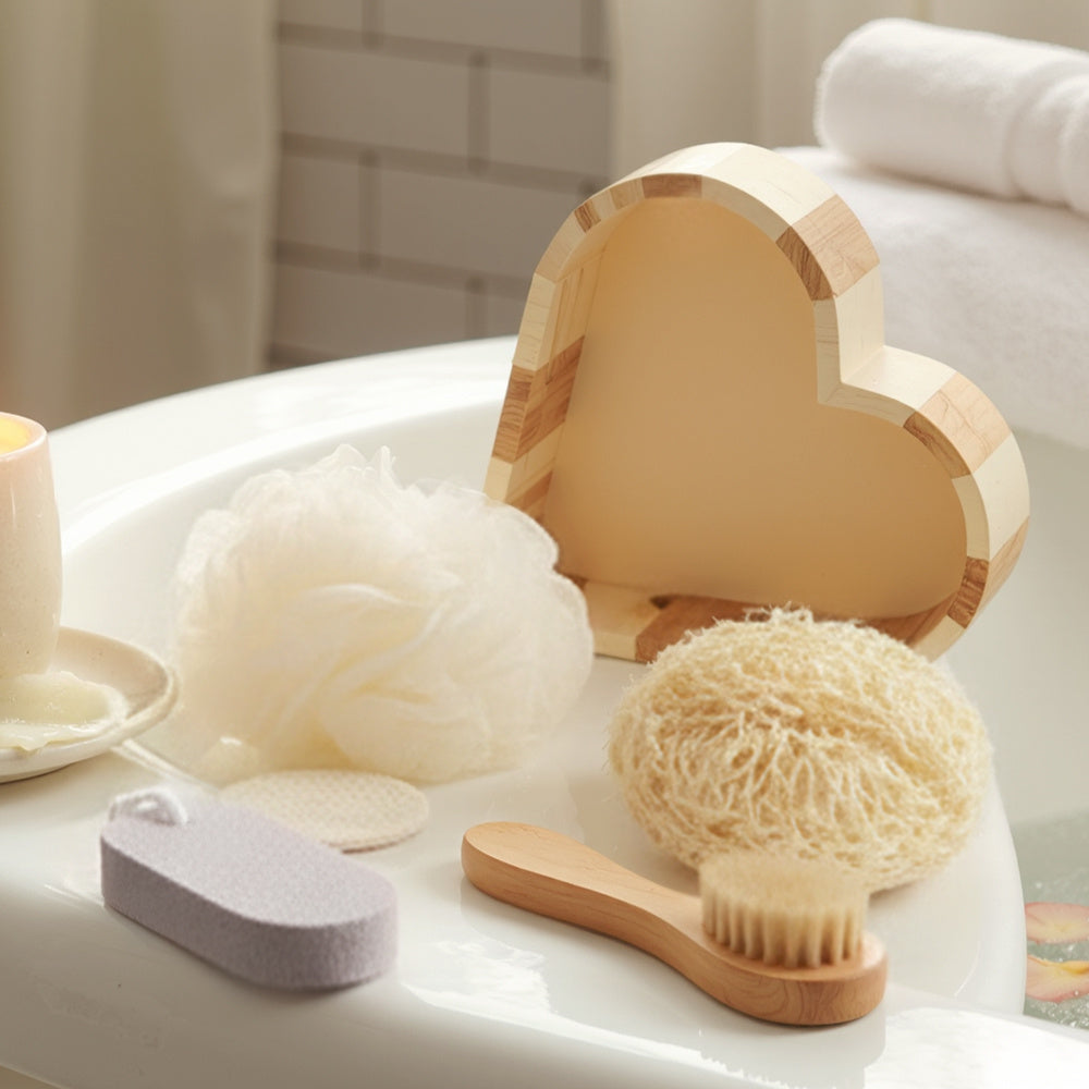 Boxed Heart-Shaped Bath Set - A wooden spa gift kit for bathrooms, featuring a heart-shaped wooden bucket. Includes a loofah, pumice stone, massager, and brush. This natural relaxation and body care kit is ideal for home use