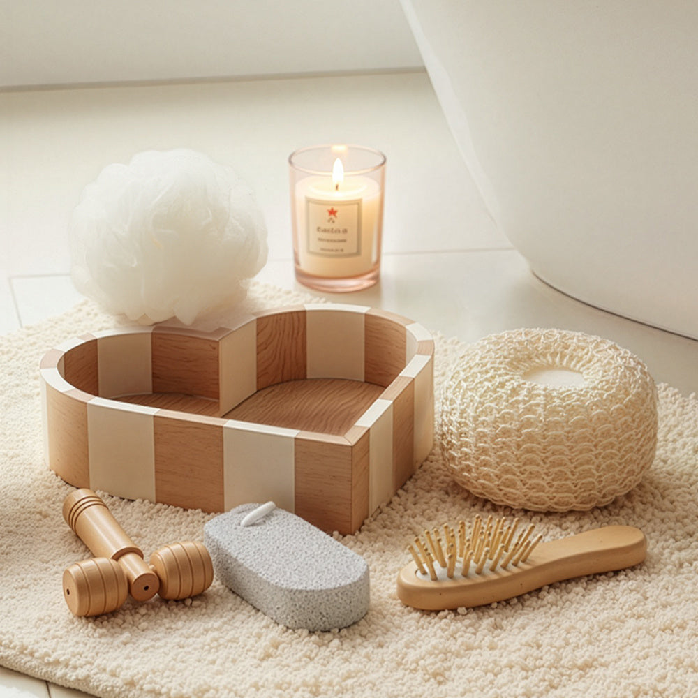 Boxed Heart-Shaped Bath Set - A wooden spa gift kit for bathrooms, featuring a heart-shaped wooden bucket. Includes a loofah, pumice stone, massager, and brush. This natural relaxation and body care kit is ideal for home use