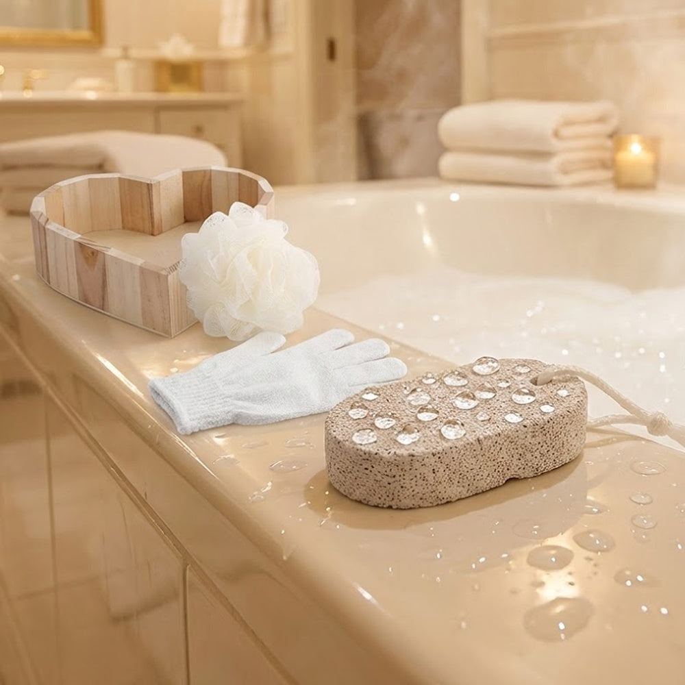 Boxed Heart-Shaped Bath Set - A wooden spa gift kit for bathrooms, featuring a heart-shaped wooden bucket. Includes a loofah, pumice stone, massager, and brush. This natural relaxation and body care kit is ideal for home use