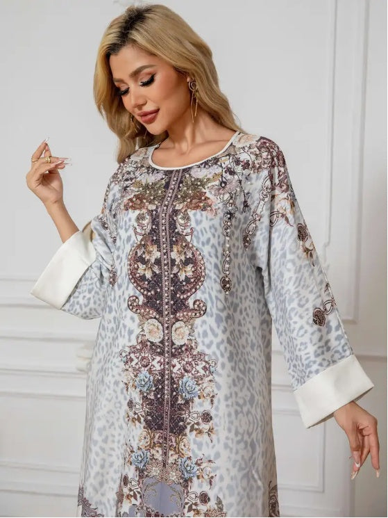 Elegant Floral Print Long Sleeve Abaya Dress, Premium Abaya Dress, Summer Clothing