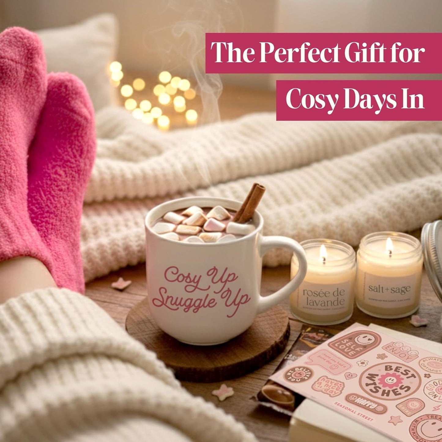 Valentines Day Gift for Her - Birthday Pamper Gifts for Women with Scented Candle, Pink Socks, Hot Chocolate Sachet, Best Wishes Card, Self Care Box, Gifts for Mum, Hot Chocolate Gift Set