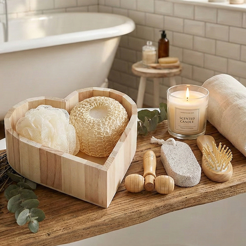 Boxed Heart-Shaped Bath Set - A wooden spa gift kit for bathrooms, featuring a heart-shaped wooden bucket. Includes a loofah, pumice stone, massager, and brush. This natural relaxation and body care kit is ideal for home use