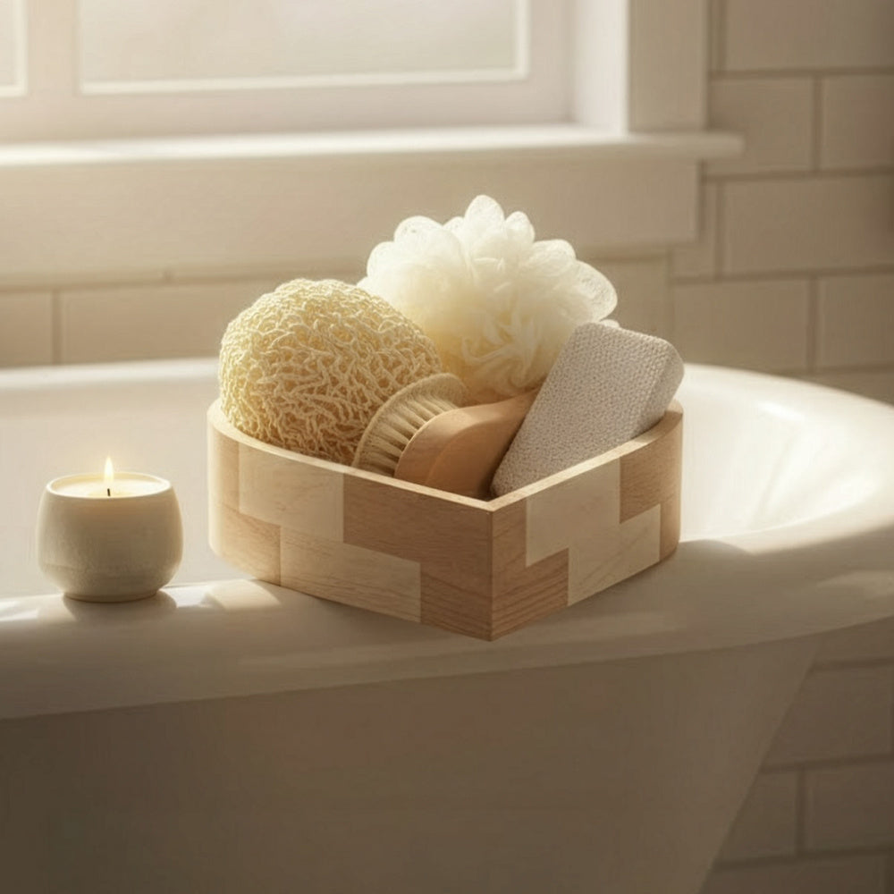 Boxed Heart-Shaped Bath Set - A wooden spa gift kit for bathrooms, featuring a heart-shaped wooden bucket. Includes a loofah, pumice stone, massager, and brush. This natural relaxation and body care kit is ideal for home use