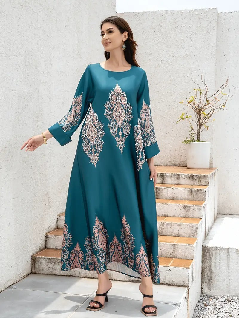Ladies Middle East Abaya Dress, Flower Printed Long Robe, Islamic Clothing, Modest Dress