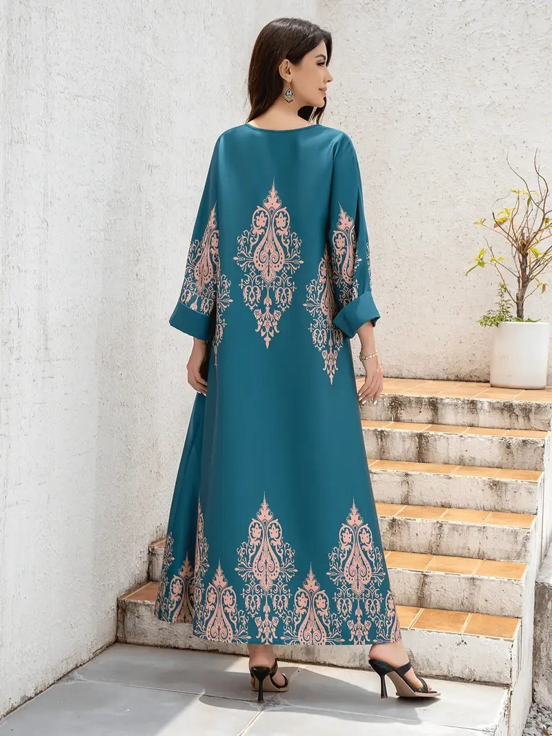 Ladies Middle East Abaya Dress, Flower Printed Long Robe, Islamic Clothing, Modest Dress